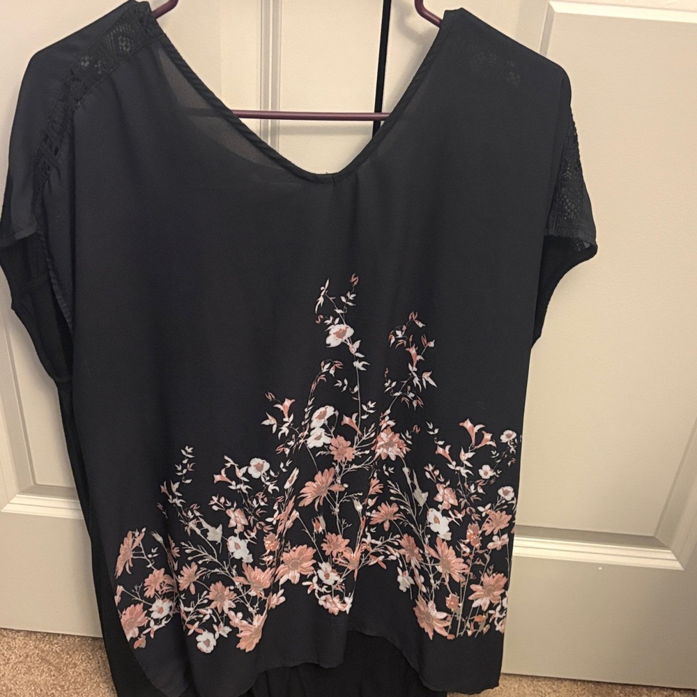 Maurices Black Blouse with Pink Floral Design